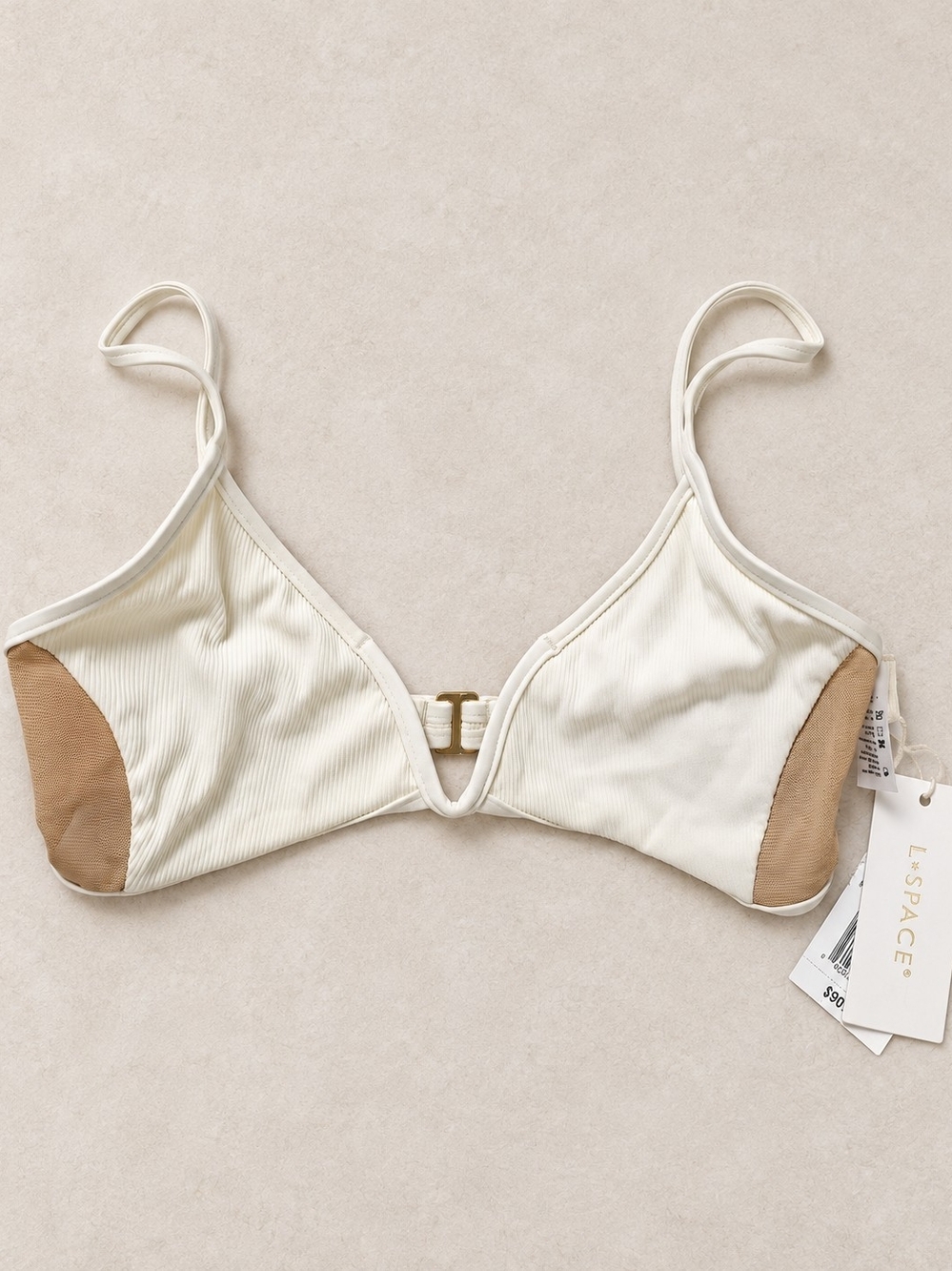 NWT L*Space Macey Cream Ribbed Mesh Bikini Top S $99